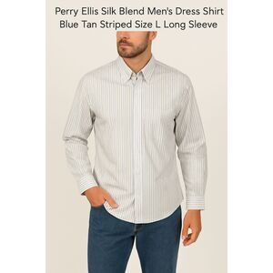 Perry Ellis Silk Blend Men’s Dress Shirt Blue Tan Striped Size L Long Sleeve